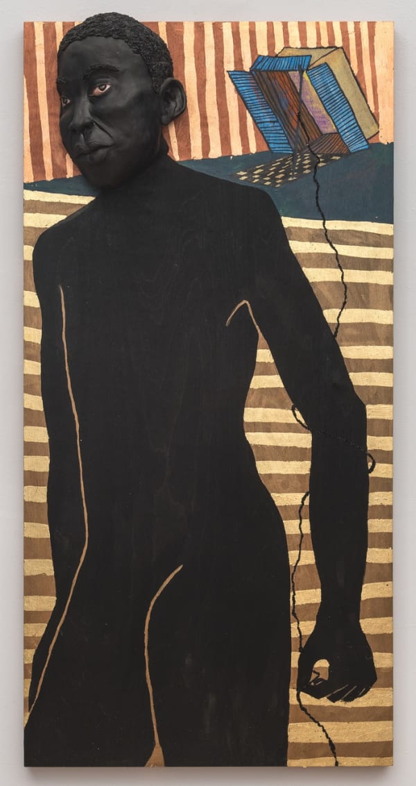 Aisha T. Bell Trigger the trap. Trap the trigger,, 2020 acrylic, glitter, metal leaf, painted and fired terra cotta clay on wood 48 x 24 inches