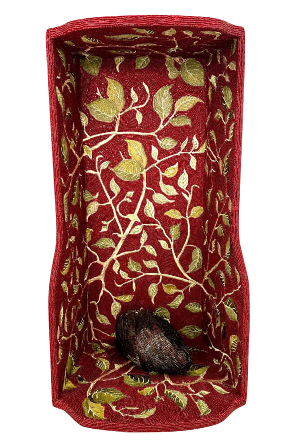 Esperanza Cortés Cradle, 2024 Ceramic sculpture, acrylic, glass beads, embroidery on wood 20” h x 16” w x 2” d