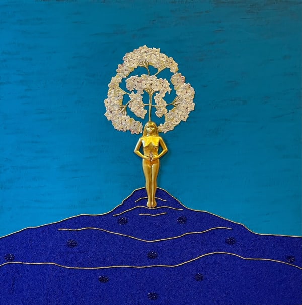 Esperanza Cortés Blue Mountain, 2024 Gold leafed sculpture, faceted crystals, embroidery, glass beads, chain, metal ball chain, flash paint on panel 36 x 36 x 3 inches 91.4 x 91.4 x 7.6 cms