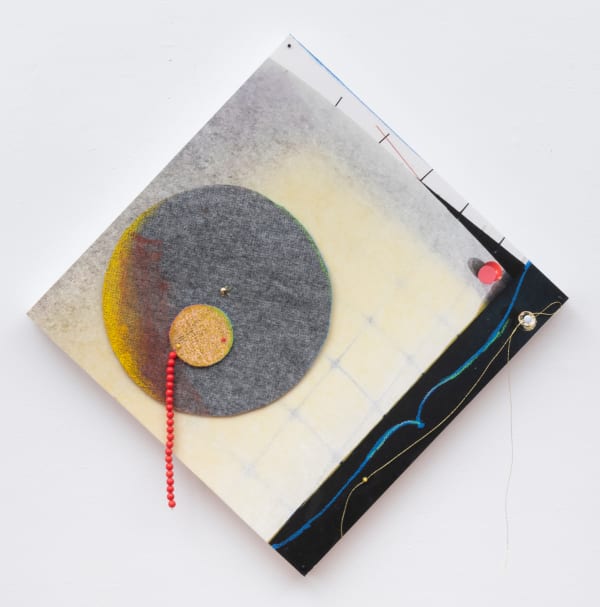 Carl E. Hazlewood GreyHead Radiance, 2022 Polyester, acrylic, pigment ink, Hahnemuhle paper, oil pastel, push pins, metallic cord, plastic jewelry 20 x 20 inches 50.8 x 50.8 cms