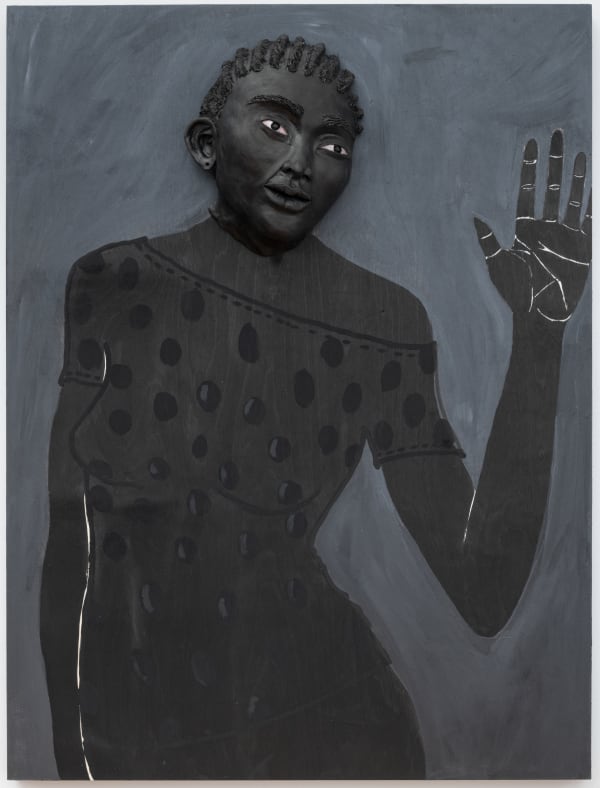 Aisha T. Bell Every dotted goodbye every distant hello, 2020 acrylic, chalk coal dust, mica powder, Indian ink, terra cotta on wood 30 x 40 x 7 inches 76.2 x 101.6 x 17.8 cms