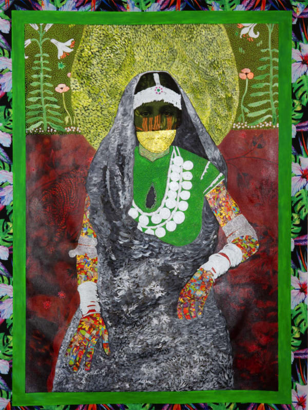 Renluka Maharaj Rani with her tiger, Machali, 2023 Pigmented ink print, acrylic paint, acrylic markers, rhinestones, cotton paper, glitter, thread on canvas. 66 x 49 inches 167.6 x 124.5 cms