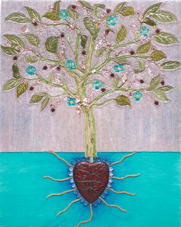 Esperanza Cortés RADIANT HEART, 2023 Ceramic sculpture, glass pieces, glass beads, embroidery, encaustic and acrylic on wood 20 h x 16 w x 2.5 d inches 50.8 h x 40.6 w x 6.3 d cms