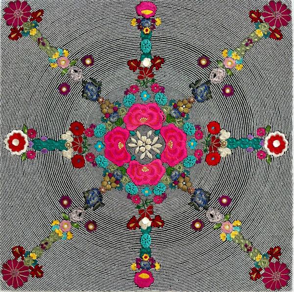 Esperanza Cortés LA ETERNA PRIMAVERA, 2024 Embroidery, crystal beads, cut crystals, acrylic on wooden panel 24 h x 24 w x 2 d inches 61 h x 61 w x 5.1 d cms