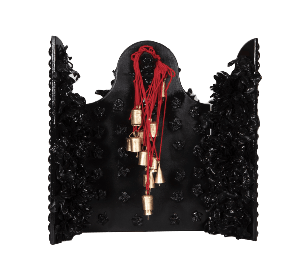 Renluka Maharaj Resistance, 2023 Wood, acrylic paint, acrylic and silk flowers, cowrie shells, wool, metal bells, ceramic figurine, 3-d printed figures 23 1/2 x 17 x 6 1/2 inches 59.7 x 43.2 x 16.5 cms
