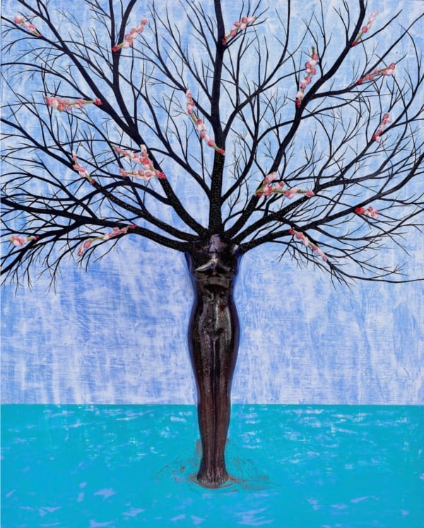 Esperanza Cortés THE BLOSSOMING, 2021 Ceramic sculpture, glass beads, embroidery, acrylic on wood 20 h x 16 w x 2 d inches 50.8 h x 40.6 w x 5.1 d cms
