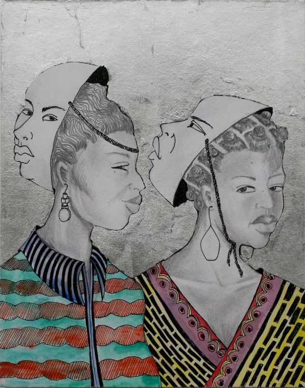 Aisha T. Bell We looking back at Ya, 2022 graphite, ink, metal leaf on watercolor paper and wood panel 11 x 14 inches 27.9 x 35.6 cms