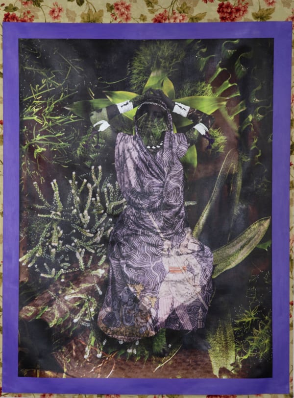 Renluka Maharaj Radha, 2022 Pigmented ink print, cotton fabric, thread, acrylic paint, acrylic marker, coloring pencils on canvas. 50 x 37 inches 127 x 94 cms