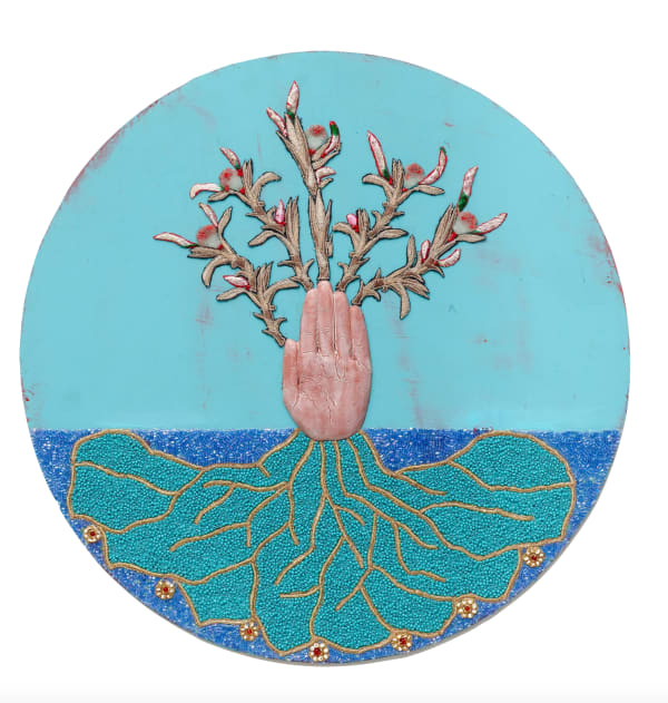 Esperanza Cortés FORCED BLOOM, 2020 Clay sculpture, glass beads, crystal, embroidery, encaustic on board