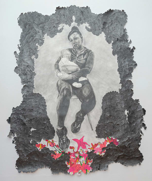 Oasa DuVerney Madonna With Child, 2022 graphite and acrylic on hand cut cotton rag paper 75 x 63 inches 190.5 x 160 cms