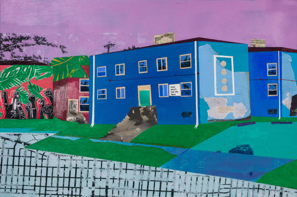 Na'ye Perez Rich Spirit (STUCK), 2023 Acrylic, spray paint, gel transfer, molding paste, magazine paper, cardboard packaging, dollar bill notes, lino block relief on rice paper, wheat pasted posters 24 x 36 inches 61 x 91.4 cms