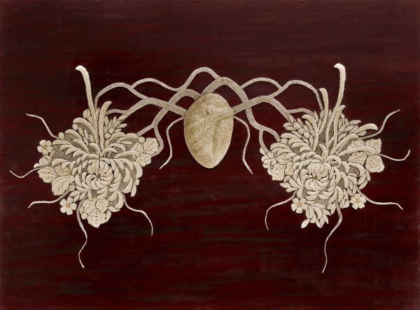 Esperanza Cortés THE INHERITANCE, 2022 Clay sculpture, vintage glass beads, cut crystals, silk embroidery, paint on wood 24 h x 30 w x 3 d inches 61 h x 76.2 w x 7.6 d cms