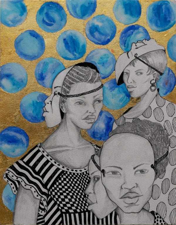 Aisha T. Bell All of my faces are watching you, 2022 Graphite, ink, metal leaf and watercolor on watercolor paper and wood 11 x 14 inches 27.9 x 35.6 cms
