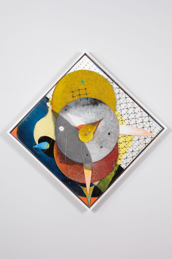 Carl E. Hazlewood BlackHead Anansi Ensnares the Sun, 2022 Polyester, plastic mesh, acrylic, canvas, pigment ink, Hahnemuhle and other papers, oil pastel, map pins, push pins, metallic cord 20 x 20 inches 50.8 x 50.8 cms
