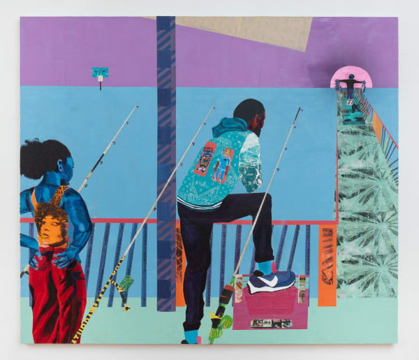 Na'ye Perez chasing feeling/no new wave (Only The Sea), 2023 Acrylic, Spray Paint, sand (Coney Island, Brooklyn and Los Angeles, Cali) Magazines (Vibe, Source, XXL), rose gold leaf, skateboard grip tape, Lino block prints on rice paper, food wrappers, Ting labels, gel transfer on canvas 70 x 80 inches 177.8 x 203.2 cms