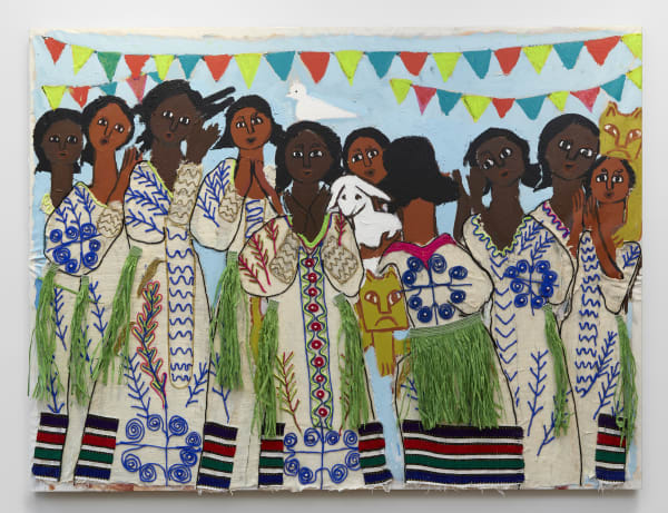 Meron Engida Hawke Ashenda Girl 1, 2023 acrylic, woven cotton fabric, yarn, pear, and raffia on canvas 49 x 64 inches 124.5 x 162.6 cms