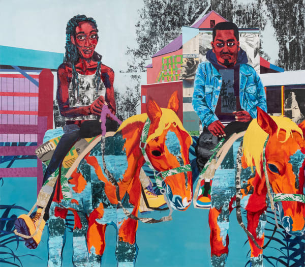 Na'ye Perez BLACKBIIRD (EAST POINT PRAYER), 2024 Acrylic, Spray Paint, sand (Los Angeles, New York:US, Haiti, Guyana, Jamaica), Gel Transfers, Magazines (Vibe, Source), Ting Wrappers, Plastic Packaging, Molding Paste, BFK Rives, Mica Powder, Lino Block Prints on Rice, Mulberry Paper via Canvas 70 x 80 inches 177.8 x 203.2 cms