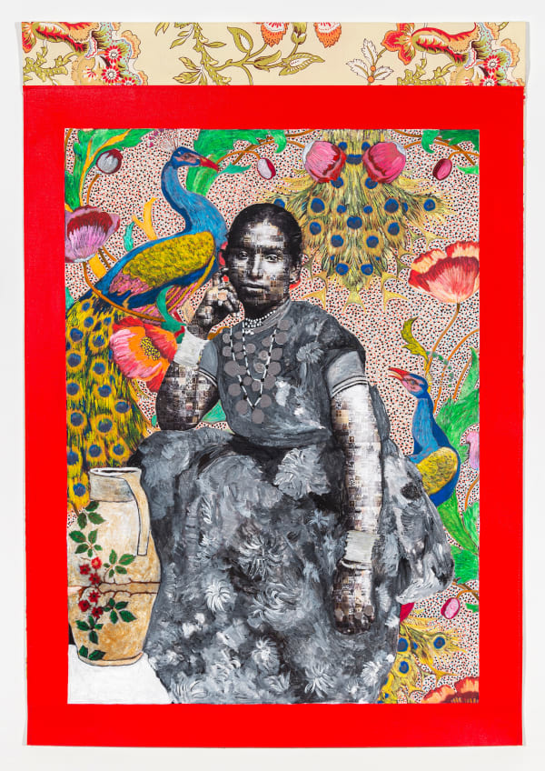 Renluka Maharaj Asha In Her Garden, 2022 pigmented ink print, acrylic paint, acrylic markers, cotton fabric and thread on canvas, with acrylic rod 24 x 35 inches 61 x 88.9 cms