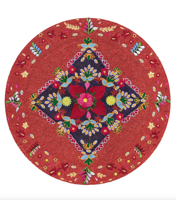 Esperanza Cortés EL GRITO DE LAS FLORES, 2020 Embroidery, glass beads, crystals, paint on board 23” diameter