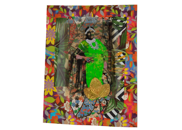 Renluka Maharaj Daksha on Market Day, 2023 Acrylic skin, silk leaves, cotton paper, cotton fabric, acrylic medium, acrylic paint. 10 3/4 x 13 1/2 inches 27.3 x 34.3 cms