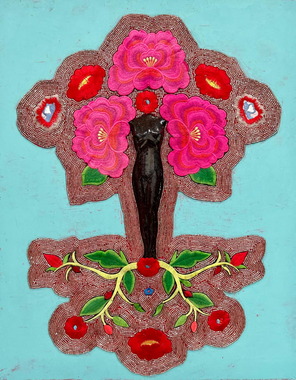 Esperanza Cortés LA GUAJIRA, 2023 Glazed ceramic sculpture, vintage glass beads, embroidery, encaustic on wood 20 h x 16 w x 2.5 d inches 50.8 h x 40.6 w x 6.3 d cms