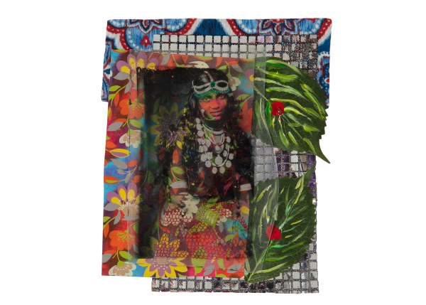 Renluka Maharaj Puja's Offering, 2023 Acrylic skin, acrylic markers, silk leaves, acrylic paint, cotton paper, cotton fabric, nylon mesh, acrylic medium. 9 3/4 x 12 1/2 inches 24.8 x 31.8 cms