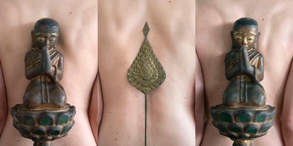 Kneeling Novice Monk in Wood, Alex, Buddhist Ceremonial Fan in Bronze, Siri Sala Private Thai Villa