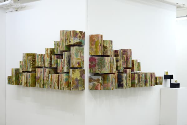 Geraldine Javier 2026 Mt. Maculot. "All that you touch, you change. All that you change, changes you." (Octavia E. Butler), 2025 Hand-embroidery on eco-printed fabrics, leaves, flowers, natural dye, threads, fabrics, treated wood, 267 post cards 267 pieces (Variable dimensions)