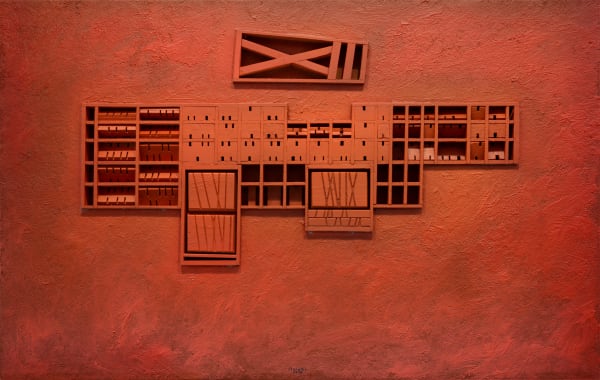 Dan Raralio Surveillance, 2025 Acrylic on wooden assemblage 31 x 49 inches