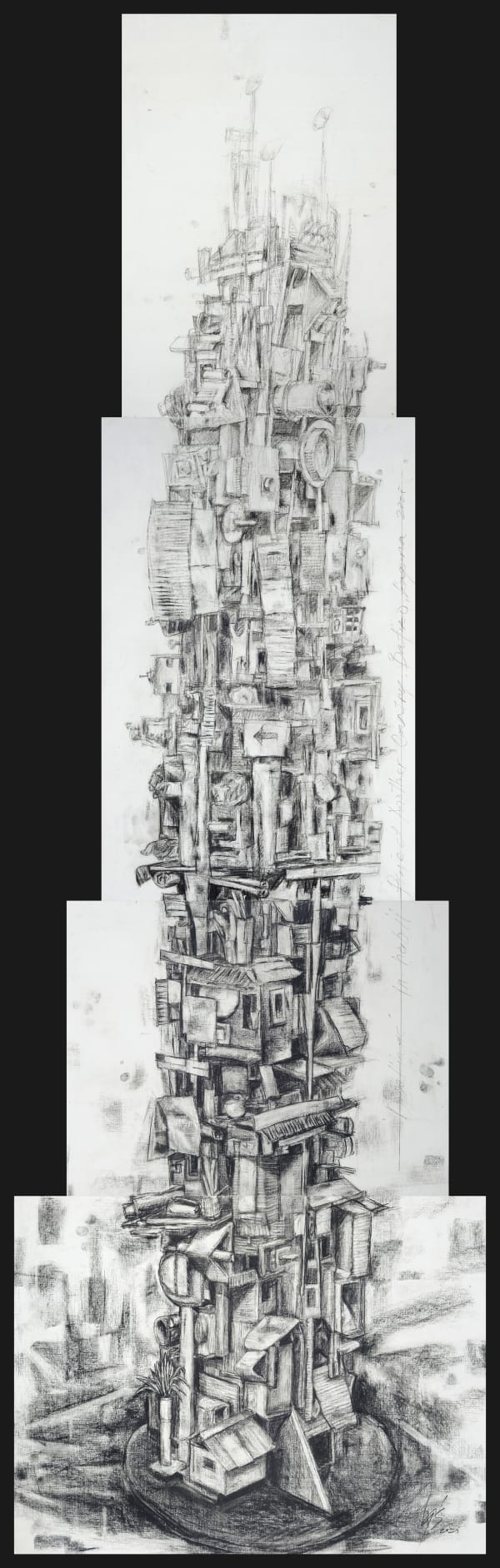 Alfredo and Isabel Aquilizan Dwelling #7, 2025 Charcoal on paper 92 ¼ x 27 inches (23 ½ x 16 inches, 27 ¾ x 18 inches, 17 x 22 inches, 19 ¾ x 26 inches) (Tetraptych)