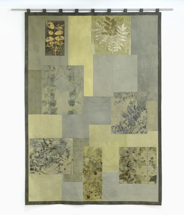 Geraldine Javier Shades of Grey Series IV, 2025 Hand-embroidery on eco-printed fabrics, leaves, flowers, natural dye extracted from the artist's garden, threads, fabrics 90 ½ x 64 inches