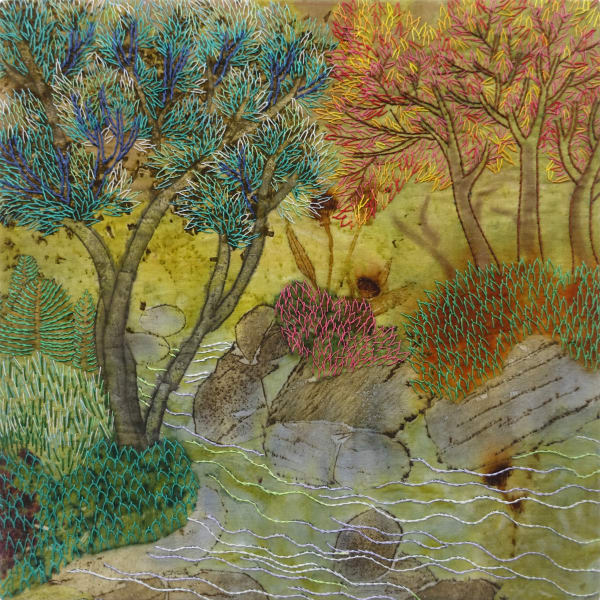 Geraldine Javier Don't Stop Be-Leafin 3, 2025 Hand-embroidery on eco-printed fabrics, leaves, flowers, natural dye, threads, fabrics, treated wood 8 ½ x 8 ½ inches