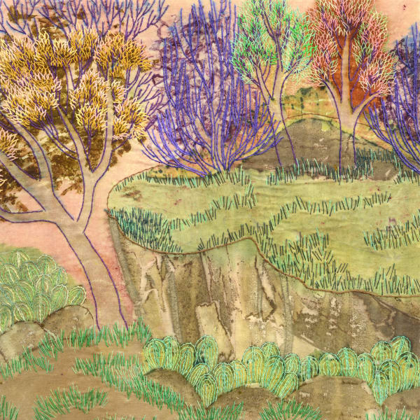 Geraldine Javier Don't Stop Be-Leafin 2, 2025 Hand-embroidery on eco-printed fabrics, leaves, flowers, natural dye, threads, fabrics, treated wood 8 ½ x 8 ½ inches