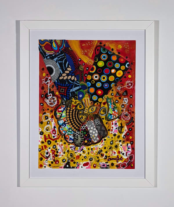White framed colorful artwork comprised of oil and patterned fabric on print in a "neo-African abstract expressionist" mode