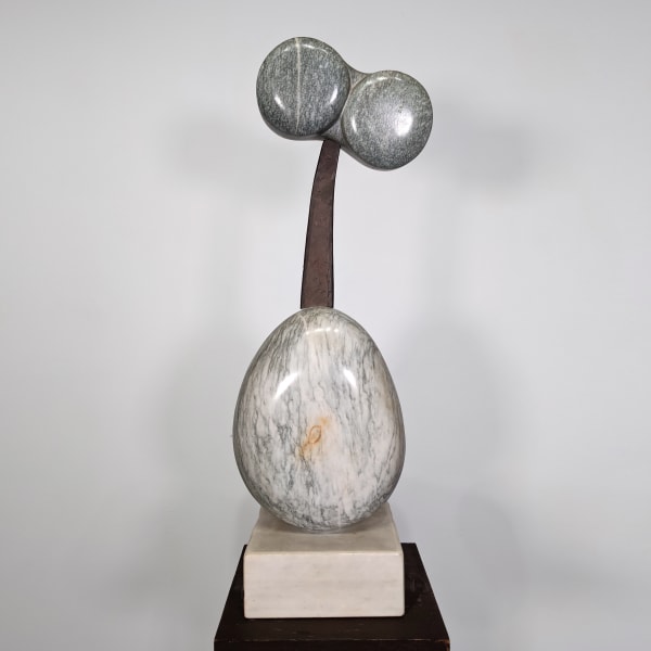 Modernist marble & metal sculpture looking like a stylized torso (gray, green marble), on marble base