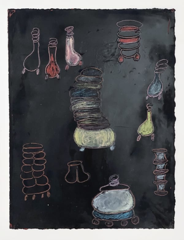 Black paper with 11 oil drawings in yellow, blue, white, red and yellow studying how circular shapes could stack and take form