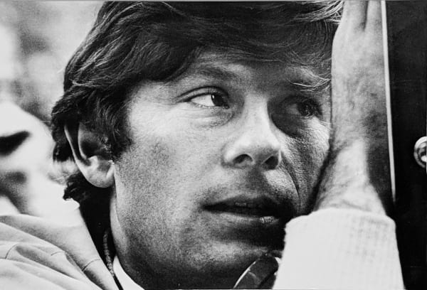 Black and white close up photograph of Roman Polanski visualizing a shot, New York City, on the set of “Rosemary's Baby”