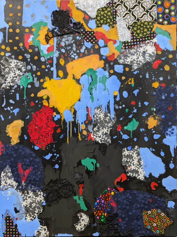Colorful Neo-African Abstract Expressionist multimedia painting comprising oil paint and fabric of different patterns