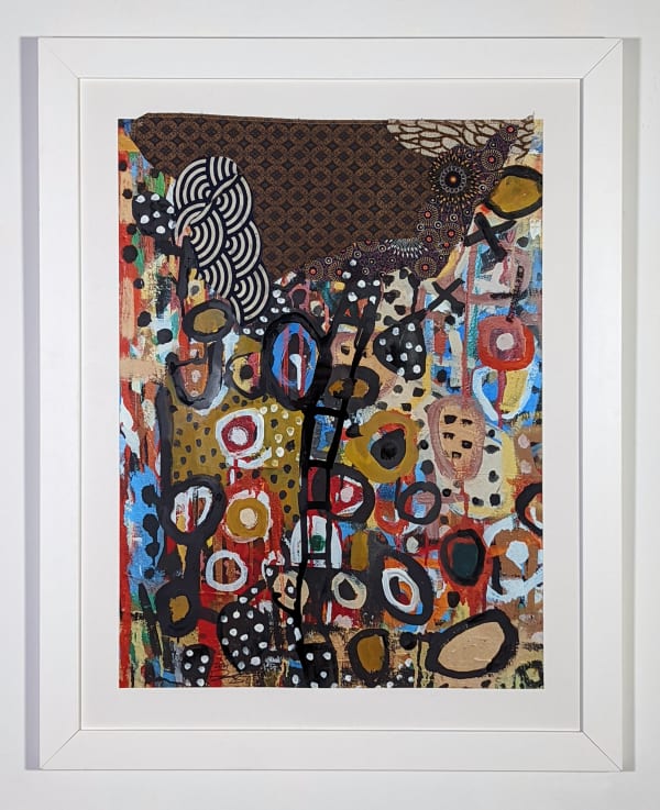 White framed colorful artwork comprised of oil and patterned fabric on print in a "neo-African abstract expressionist" mode