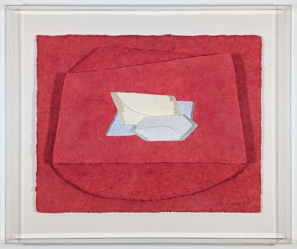 Abstract cast paper relief artwork composed of overlapping textured layers in tan tones, featuring a central composition of geometric forms. The work emphasizes dimensionality through subtle shadows and organic, deckled edges.