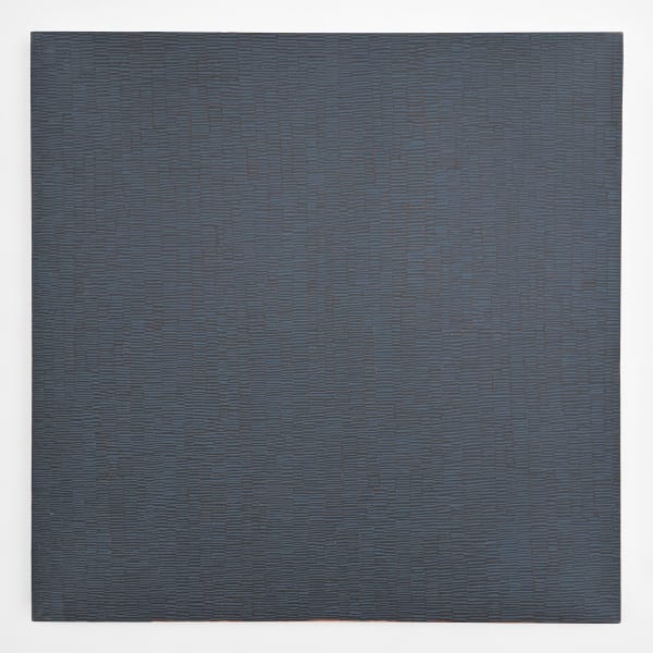Oil on canvas painting of small blue and black lines.