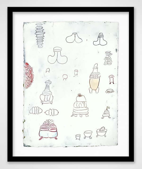 Framed White paper with black, red, blue and yellow oil drawing of oval and bulbous shapes