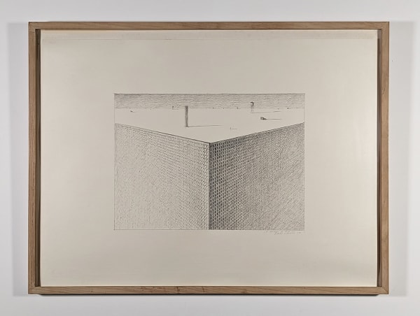 Framed pencil drawing of the corner of a building with countless windows occupying almost its entire facade