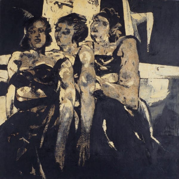Expressionistic painting in beige and black of three women