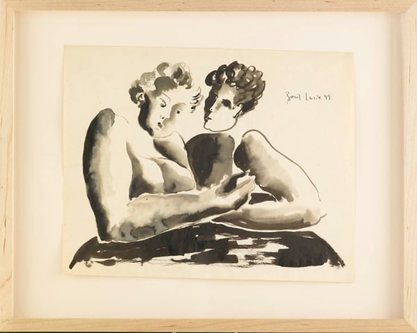 Framed ink wash drawing of two seated women with short curly hair, one is reading