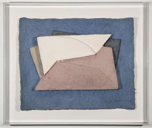 Abstract cast paper relief artwork composed of overlapping textured layers in tan tones, featuring a central composition of geometric forms. The work emphasizes dimensionality through subtle shadows and organic, deckled edges.