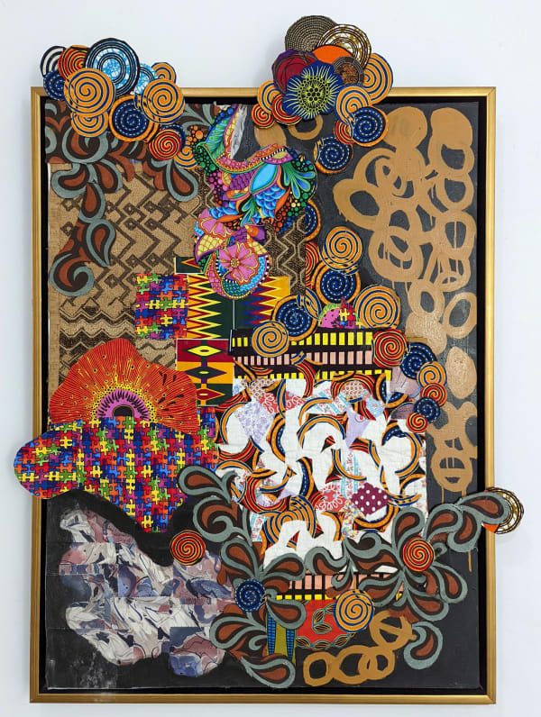 Framed tridimensional, colorful artwork comprised of oil paint and patterned fabric canvas in a "neo-African abstract expressionist" mode
