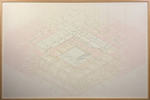 Ink drawing of an architectural structure in the form of a rectangular spiral as seen from the side