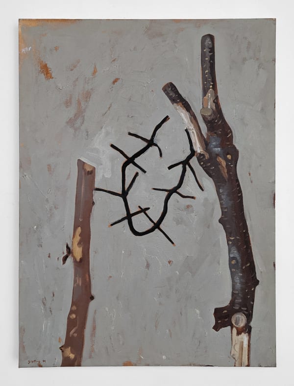 Oil on canvas board, two trees with dark detailing connecting the two, a gray background.
