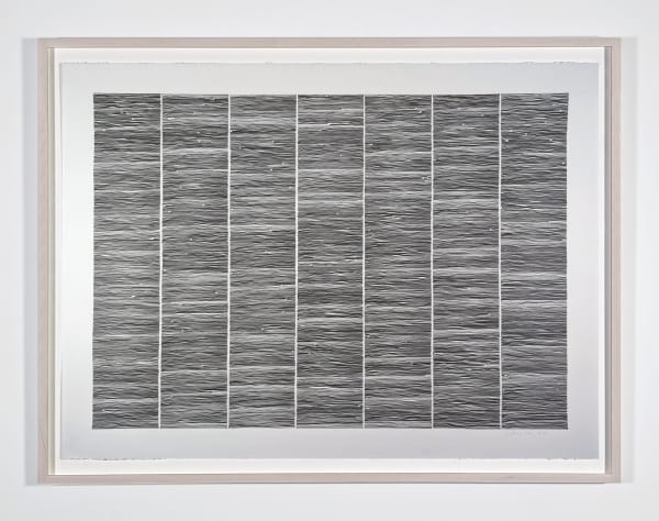 Framed picture of Graphite on paper drawing split up into vertical sections.